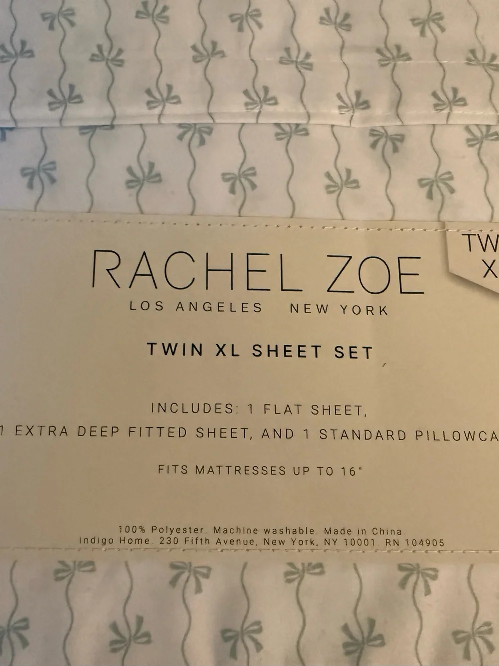 Rachel Zoe Twin XL Sheet Set in Pale Blue Bow Motif